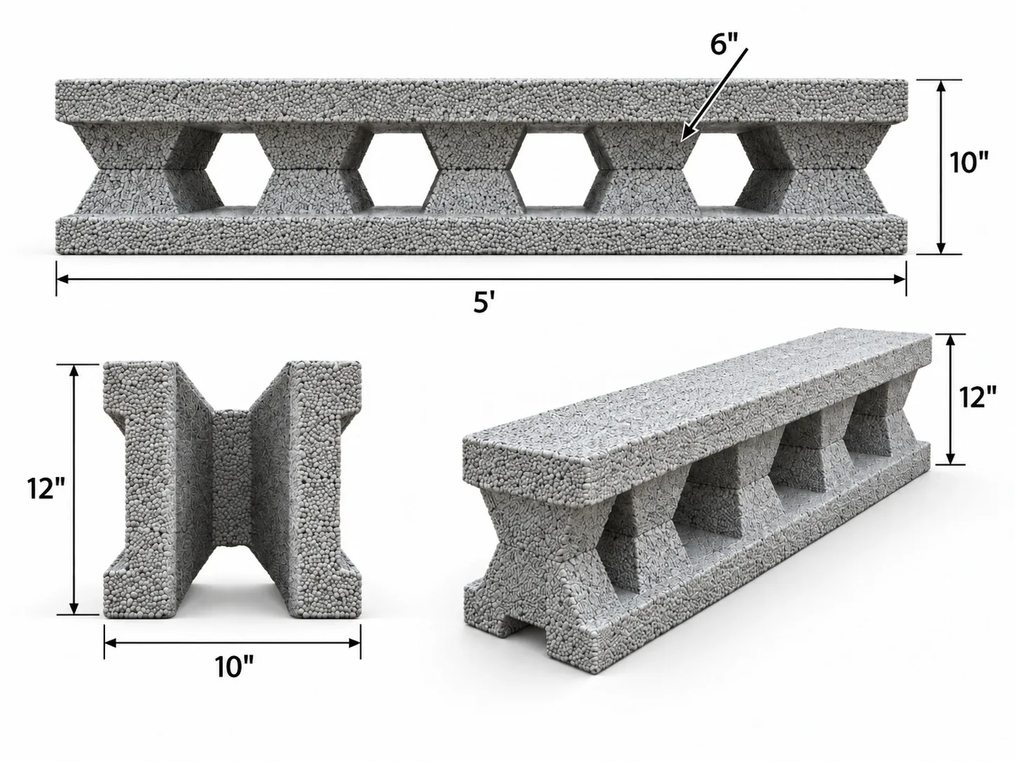 Rendered Common Block shown from the side, the end and in perspective: 5 feet long, 10 inches wide, 12 inches tall, with 6-inch hexagonal cores