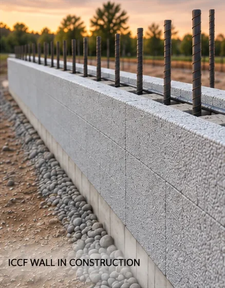 A long block foundation wall under construction with rebar standing up from the cores