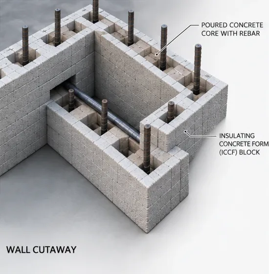 Cutaway of a stacked block wall showing rebar and poured concrete in the cores