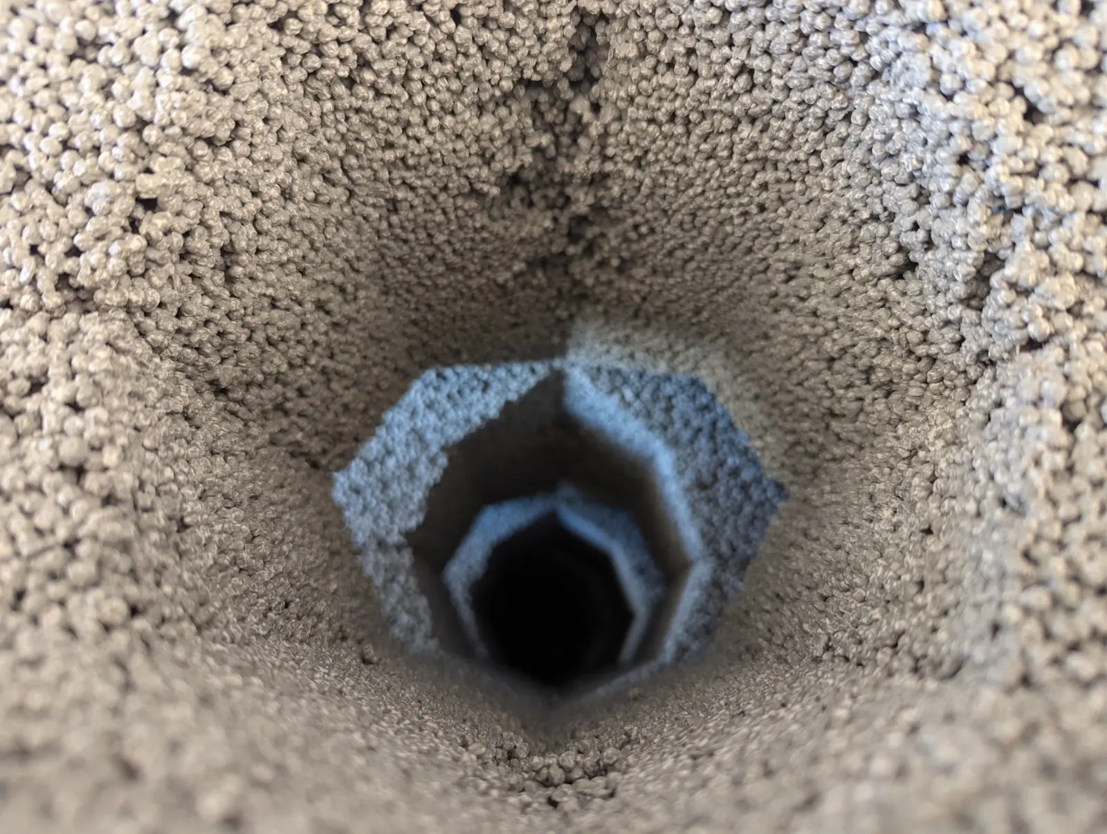 Looking down the hexagonal core of a stacked block