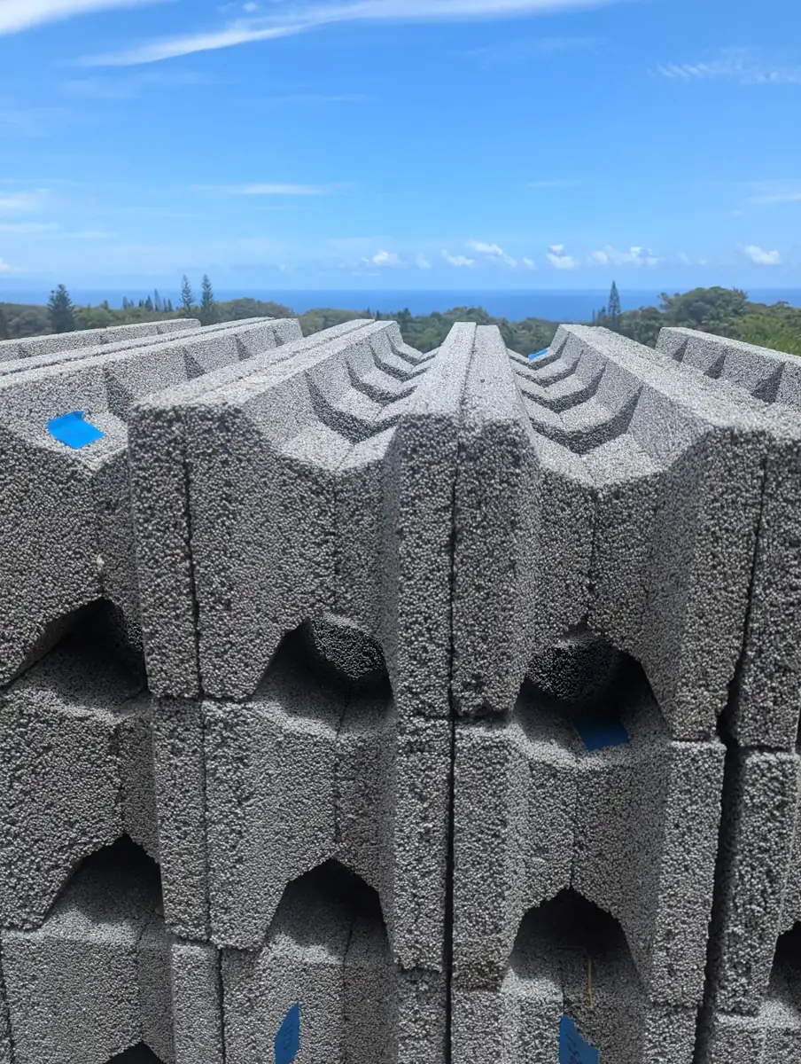Rows of blocks stacked outdoors with forest behind